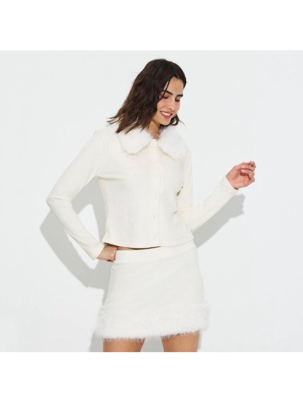 NWT wild fable Cream Faux Fur removable Collar Button-Front Cardigan Set. Soft!